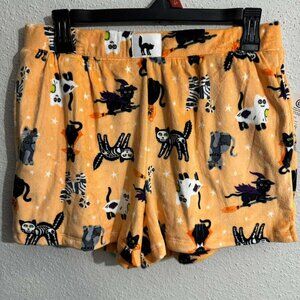 NEW Women Velour Lounge Pajama Shorts Black Orange Skeleton Cats Cozy Soft XS-L